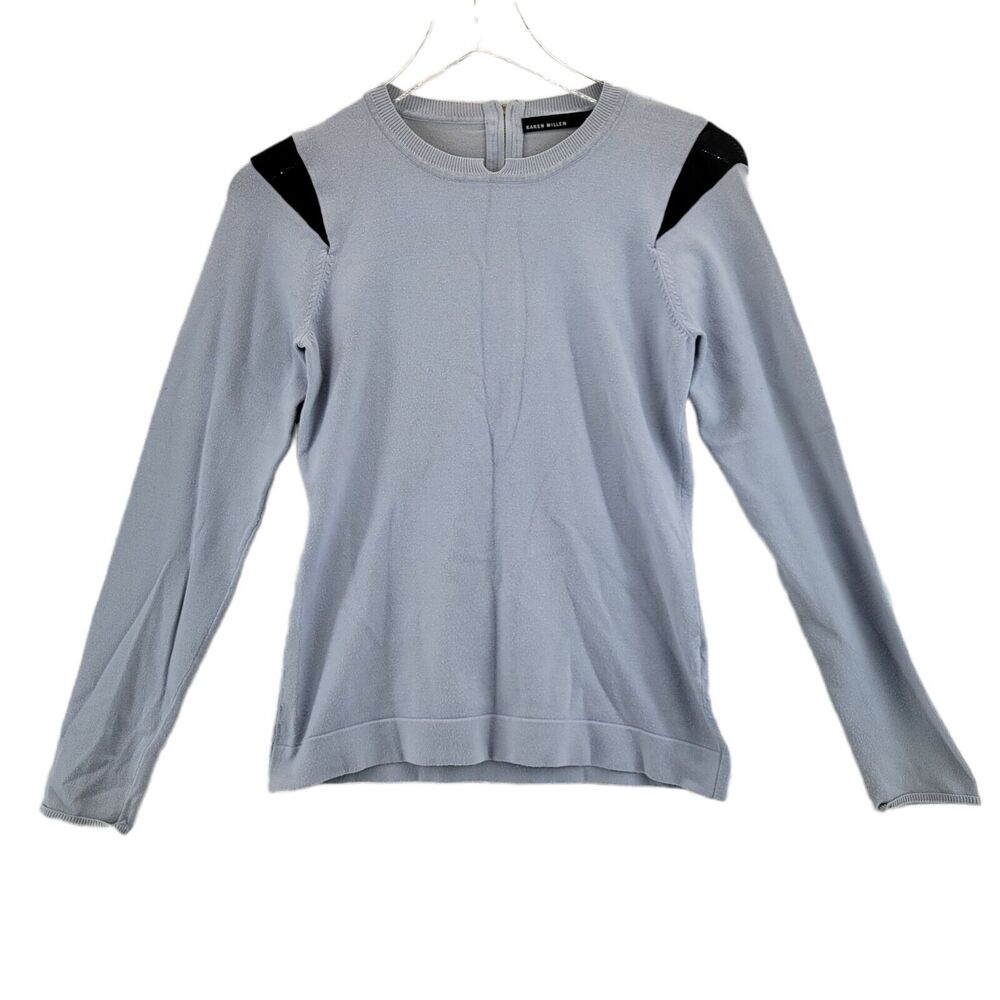 Karen Millen Crewneck Sweater Size 3‎ XS Light Blue Black Mesh Details Zipper